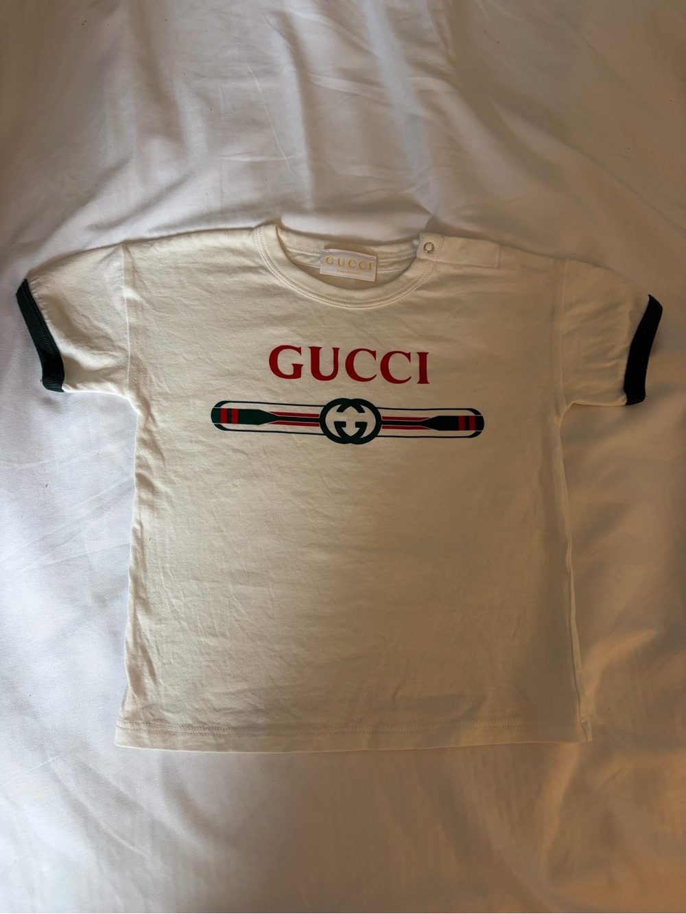 Gucci Kids White Tee with Red Logo and Green-Red Stripe